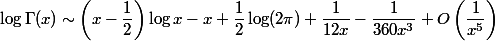\log\Gamma(x) \sim \left(x - \dfrac{1}{2}\right)\log x - x + \dfrac{1}{2}\log(2\pi) + \dfrac{1}{12x} - \dfrac{1}{360x^3} + O\left(\dfrac{1}{x^5}\right)